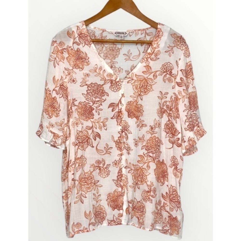 Nanette Lepore Orange & White Floral V-Neck Ruffle Short Sleeve Feminine Top XL